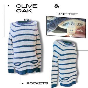 Olive and Oak Navy Striped Sweater- Front Pockets- XS